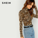SHEIN Brown Highstreet Office Lady High Neck Leopard Print Fitted Pullovers Long Sleeve Tee  Autumn Casual Women T-shirt Top