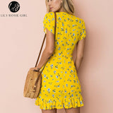 Sexy Wrap V Neck Floral Print Yellow Women Mini Dresses Summer Party Beach Ruffles Boho Dress