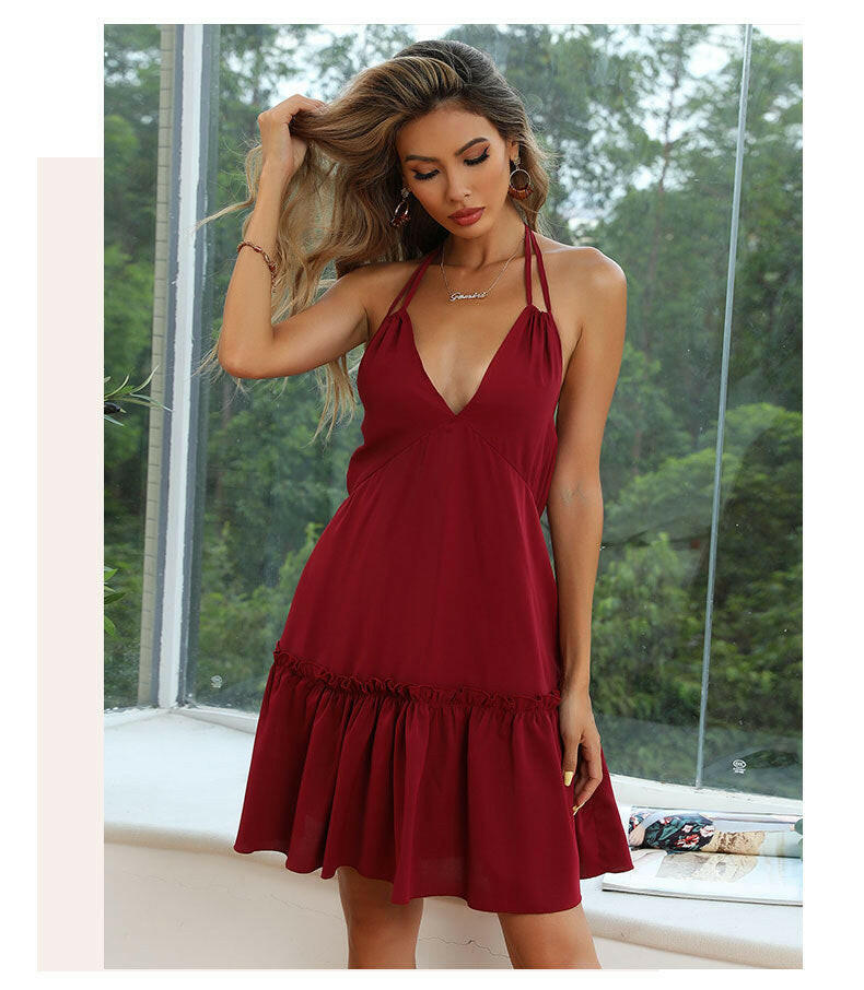 New Summer Pleated Dress Sexy V-Neck Solid Color Strap Dress