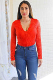 Alexandra Sheer Flora Lace Bodysuit Red Orange