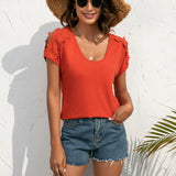 Lace Stitching U-Neck Pullover Short Sleeved T-Shirt Little Sexy Hollow Strapless Top