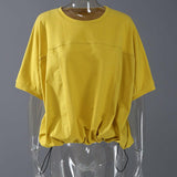 Women Yellow Brown Big Size Pleated Casual T-shirt New Round Neck Short Sleeve Fashion Tide Spring Summer