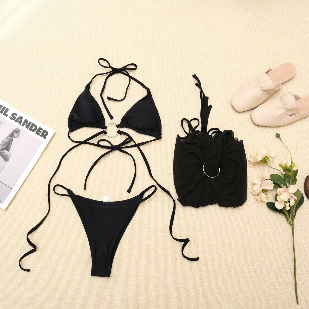 New Mesh Swimsuit Women's Black Bikini Swimwear Three Piece Bikinii