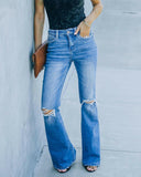 Fashion New Urban Casual Ripped Mid Waist Washed Flared Jeans Women.