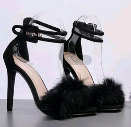 Women Pumps Snake Black High Thin Heels Ankle Strap Platform Faux Fluffy Rabbit Fur Woman Sandal Party Wedding Lady Shoes