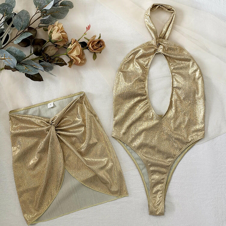 New High Quality Hot Stamping Fabric Two Piece Glitter Bikini Backless Swimsuit