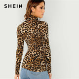 SHEIN Brown Highstreet Office Lady High Neck Leopard Print Fitted Pullovers Long Sleeve Tee  Autumn Casual Women T-shirt Top