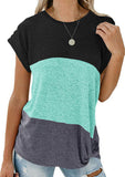 Women's Twist Short Sleeve Top Casual Doll Sleeves Crew Neck Loose Colorblock T-Shirt