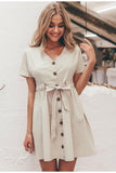 Vintage button women dress shirt V neck short sleeve cotton linen short summer dresses