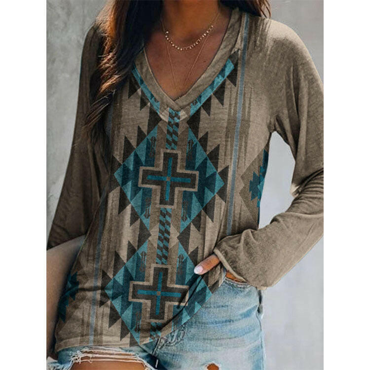 Women New Top Ethnic Style Positioning Printing Long Sleeved V Neck T-Shirt