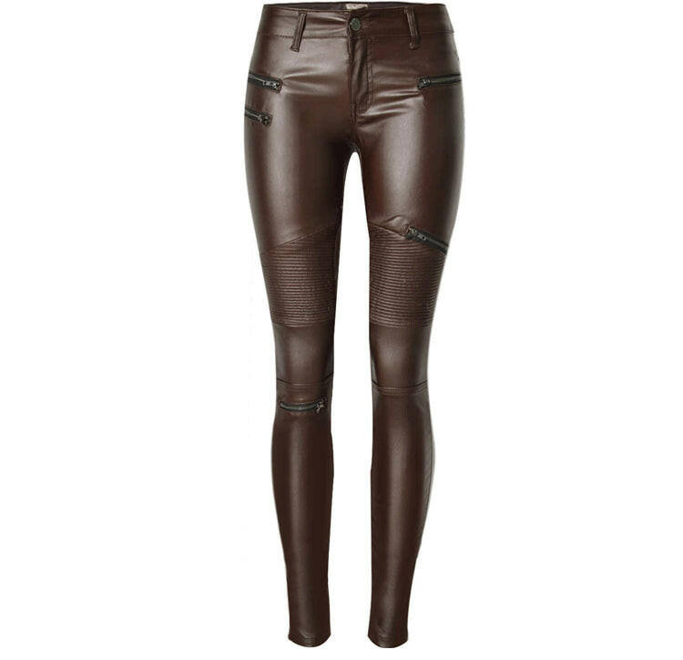 Brown Faux Leather Denim Pencil Pants Stitching Multi-Zip Motorcycle Models Have Large Sizes