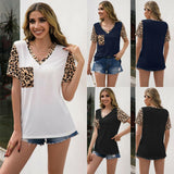 Loose V-Neck Leopard Print Stitching Short Sleeved T-Shirt Casual Pocket Color Blocking Top