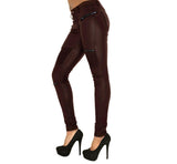 Brown Faux Leather Denim Pencil Pants Stitching Multi-Zip Motorcycle Models Have Large Sizes