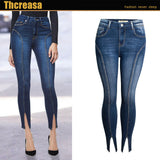 Jeans New Style Mid-Waist Elastic Split Hem Trendy High Quality Washed Nine-Point Jeans