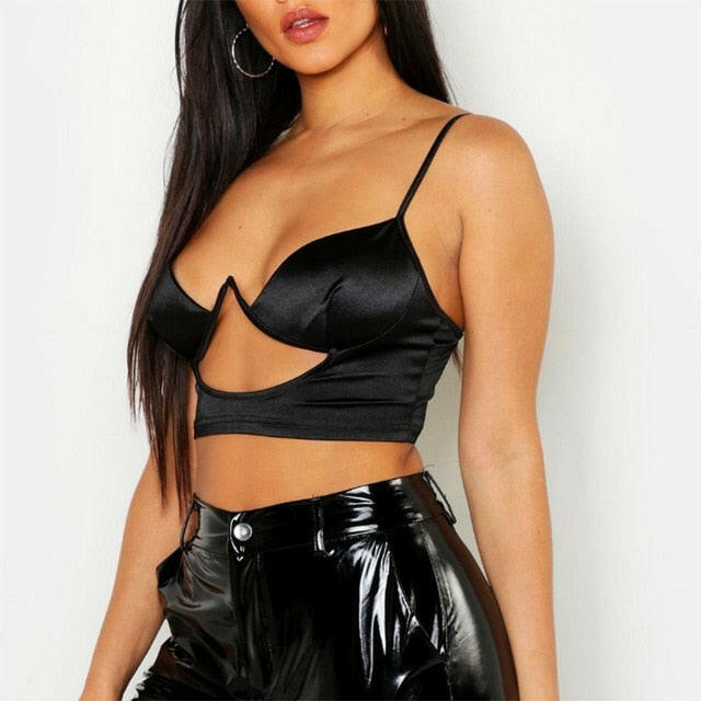 Sexy Crop Top Hollow Out Underwire Push Up Bralet Black Glossy Satin Tops Solid Color Summer Clothes For Women New