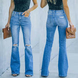 Fashion New Urban Casual Ripped Mid Waist Washed Flared Jeans Women.