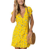 Sexy Wrap V Neck Floral Print Yellow Women Mini Dresses Summer Party Beach Ruffles Boho Dress