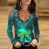 Women's Off Shoulder V-Neck Lace Long Sleeve Butterfly Print Gradient T-Shirt