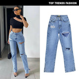 Women's High-Waisted High-Slim Straight-Leg Denim Trousers Mopping Trousers Ripped Hole Foot Slit Drape Slightly Flared Trousers