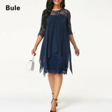 Plus Size Chiffon Dresses Women New Fashion Chiffon Overlay Three Quarter Sleeve Stitching Irregular Hem Lace Dress