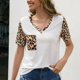 Loose V-Neck Leopard Print Stitching Short Sleeved T-Shirt Casual Pocket Color Blocking Top