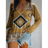 Women New Top Ethnic Style Positioning Printing Long Sleeved V Neck T-Shirt