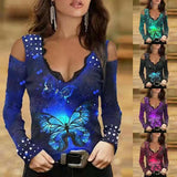 Women's Off Shoulder V-Neck Lace Long Sleeve Butterfly Print Gradient T-Shirt